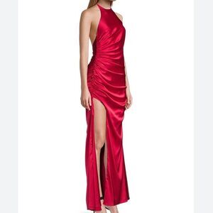 Fame and Partners The Ashe Dress Size 10 Color Red Halter Neck Ruched Slit Satin